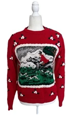 Vintage 90s Eagle’s Eye Hunting Dogs Sweater Red White Flowers Hand Knit Size M