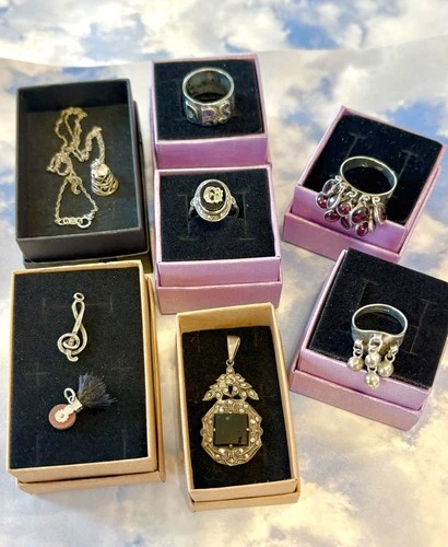 9p LOT Vintage Art Deco Sterling Silver Onyx Pendant Garnet Cha Cha Ring Pendant