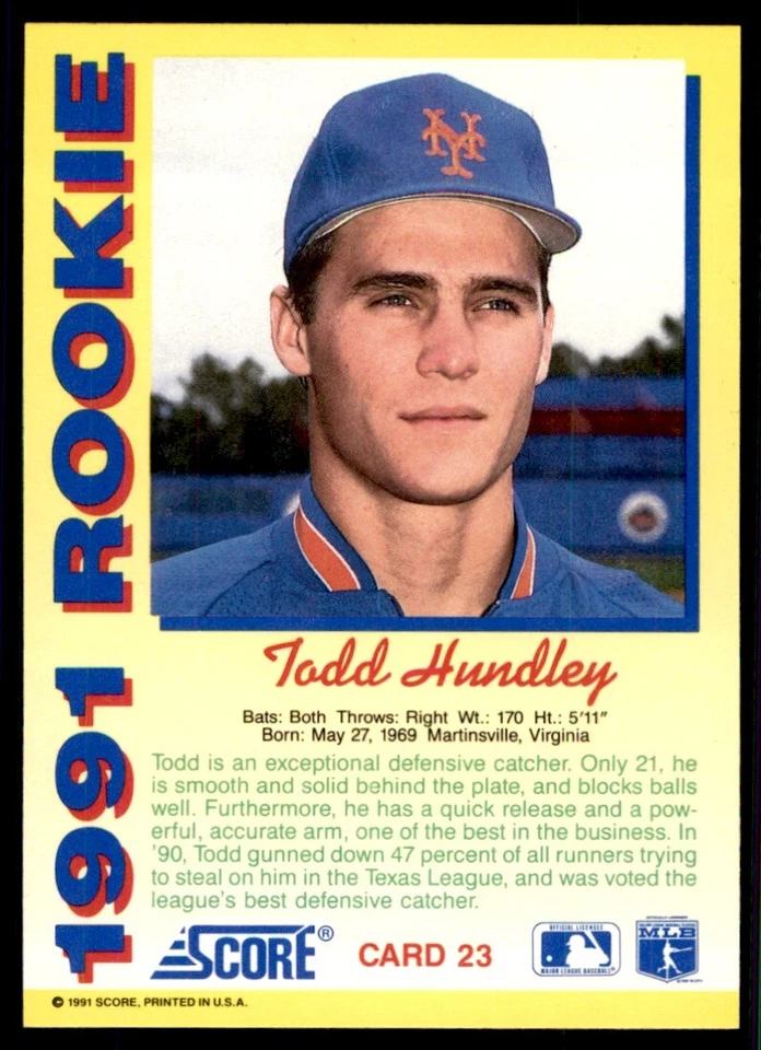 1991 Score Rookies Todd Hundley New York Mets #23 - Image 2 of 2