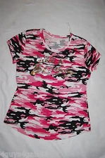 Womens S/S Tee Shirt BLACK PINK CAMO Silver Letters LIKE A BOSS Round Hem S 4-6