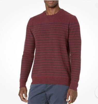 Goodthreads Men's Soft 100% Cotton Crewneck Sweater Burgundy Navy Stripes Medium