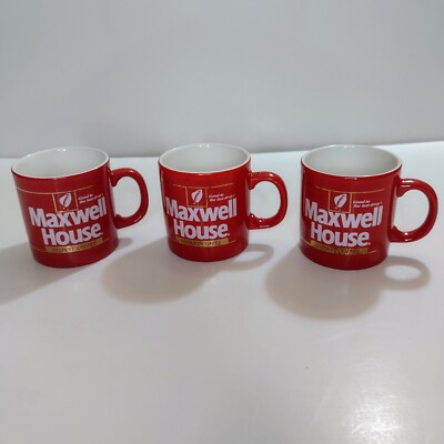 Lot Of 3 Maxwell House Instant Coffee Mugs Red Gold White Japan Advertising