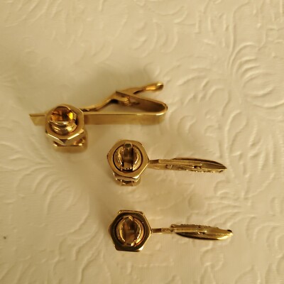 Burndy N4-10STR KS90 Split Bolt Connector Gold Tone Cuff Links + Tie Tack EUC