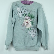 Vintage 90s Applique Sweatshirt Floral Glitter Cottagecore M L Grey Blue