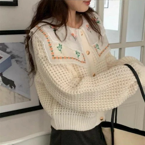 Mujeres Cuello Solapa Tejido Cárdigan Prendas para el torso Bordado Empalme Manga Larga Suéter - Imagen 7 de 9