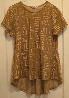 Love J Gold Mesh Geometric Top Round Neck Short Sleeve Plus Size 1X