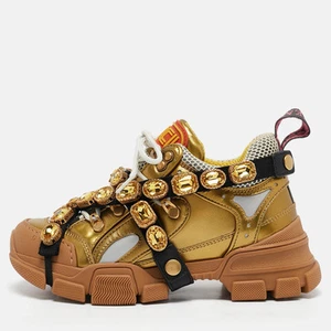 Baskets Gucci cuir doré et maille Flashtrek taille 35