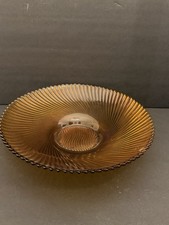 Vtg MCM Honey Amber Console Fruit Bowl Art Glass Swirl Ribbed 11” Sawtooth