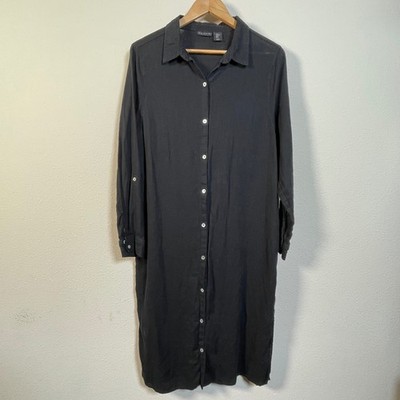 Tahari Linen Blend Shirt Dress Women XL Black Long Sleeve Midi Button Up  Coastal | eBay