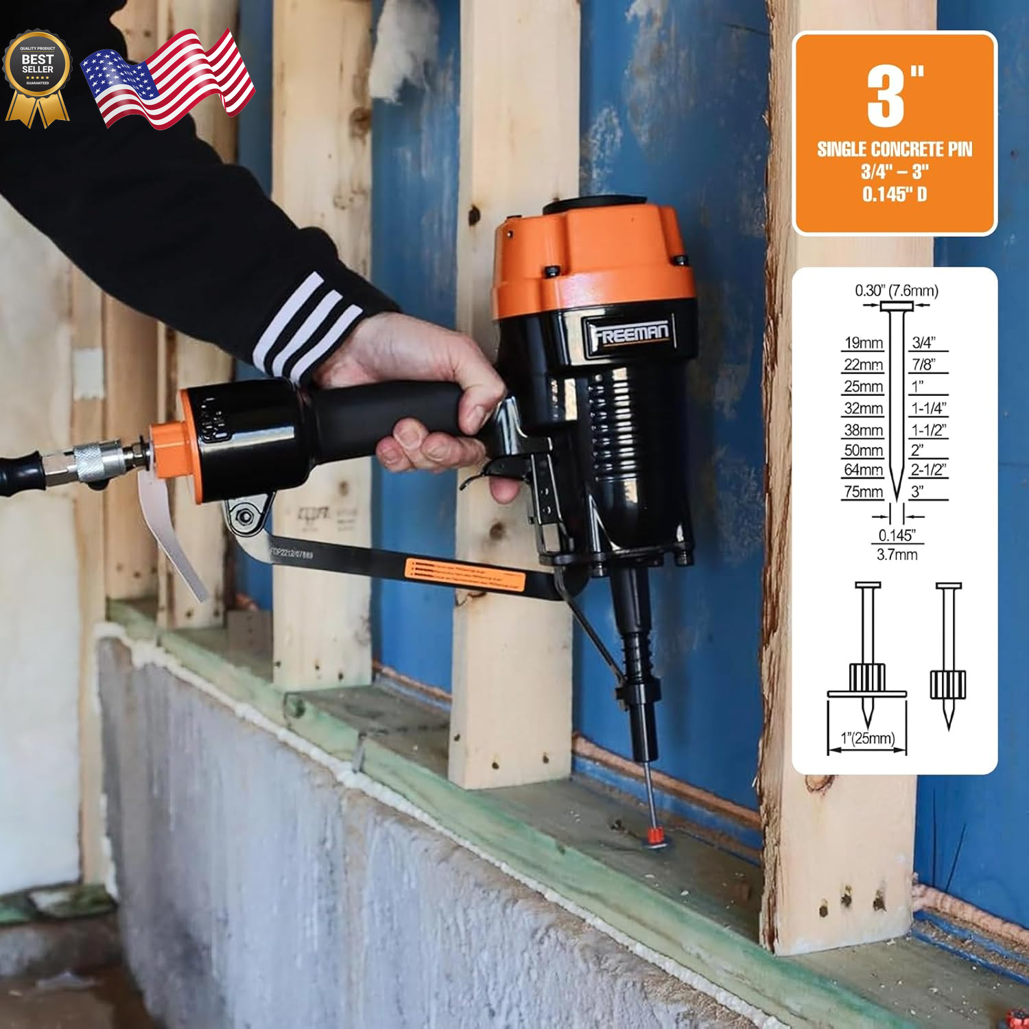 Freeman PSSCP Pneumatic 3 Single Pin Concrete Nailer with Case Heavy Duty Air