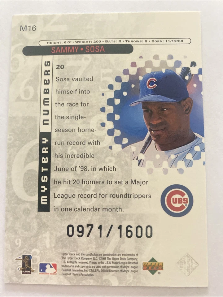 1999 Upper Deck Black Diamond MYSTERY NUMBERS #16 Sammy Sosa Cubs RARE /1600 - Image 2 of 2