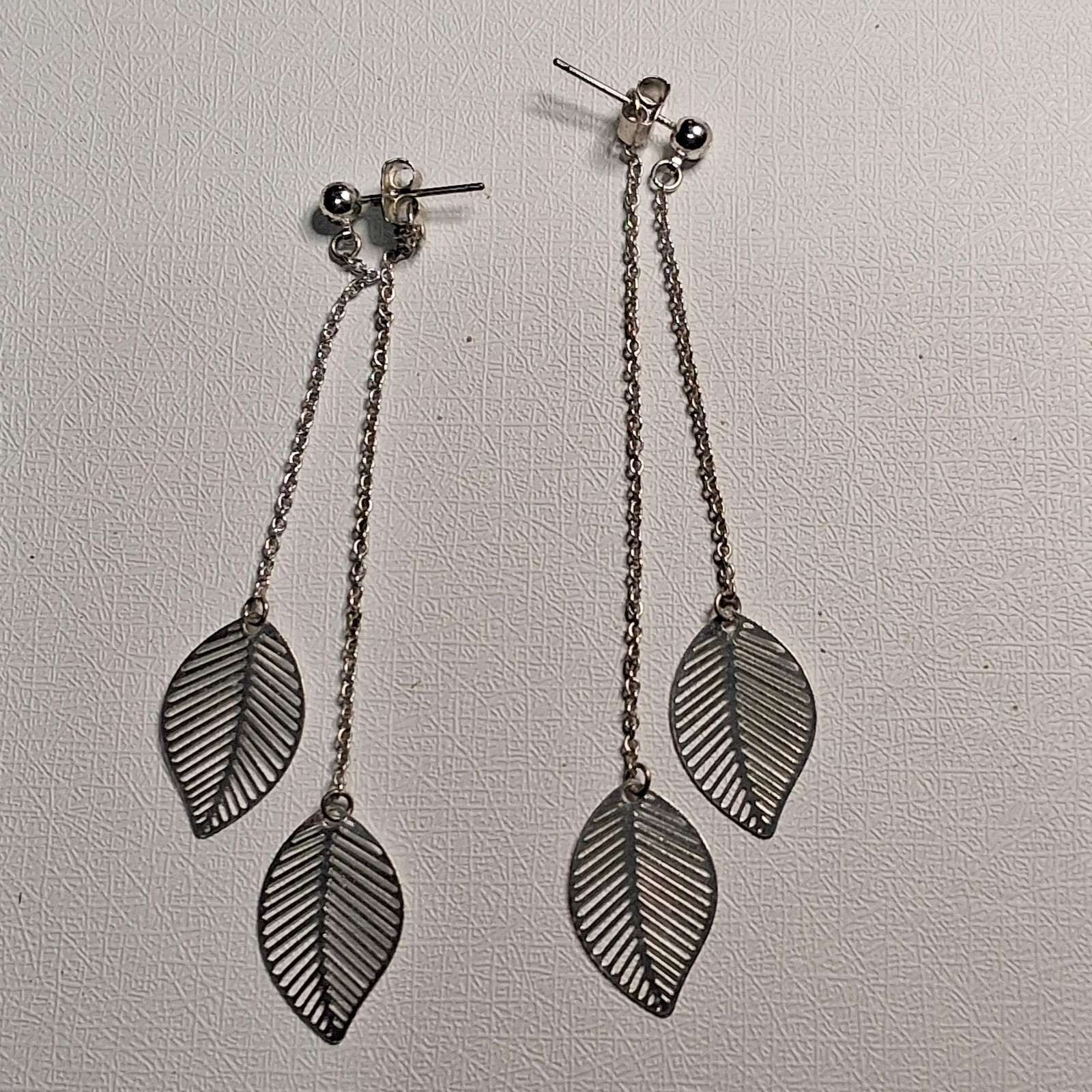 Silver Leaf Dangle Earrings Long Double Chain Dro… - image 1
