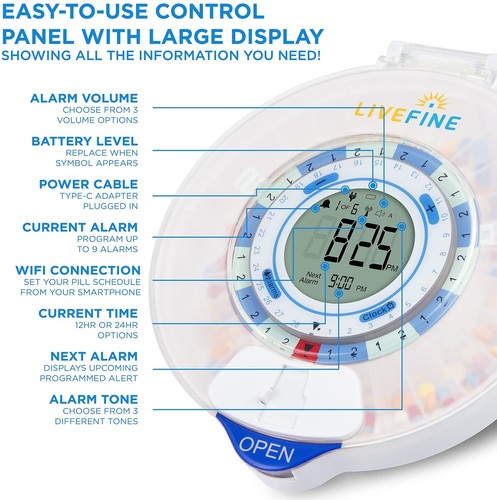 Dispensador automático de píldoras LiveFine Smart WiFi 28 días con llave de bloqueo, tapa escarcha - Imagen 2 de 9