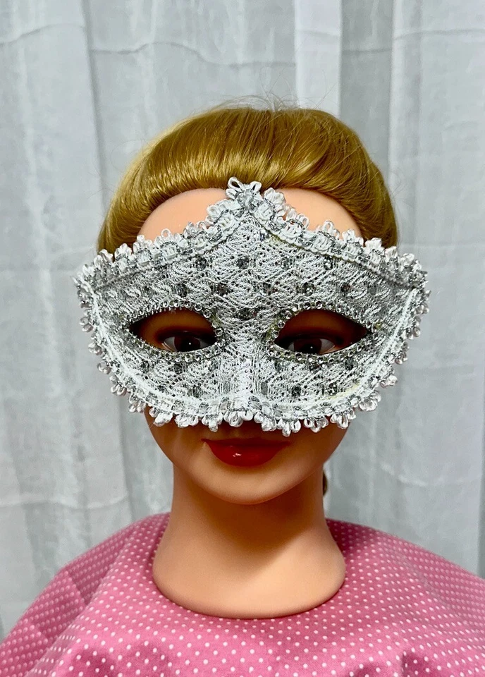 Mask, Adult, Costume, Masquerade, Party, Prop, White Lace, Rhinestones Tie PP022 - Image 3 of 4