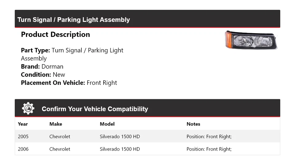 Conjunto de luces de giro/estacionamiento Dorman para Chevrolet Silverado 1500 HD 2005-2006 Foto 2 de 4