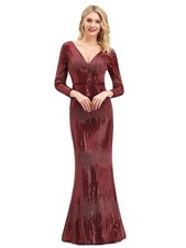 Women's Deep V-Neck Sequin Evening Dress with Long Sleeve