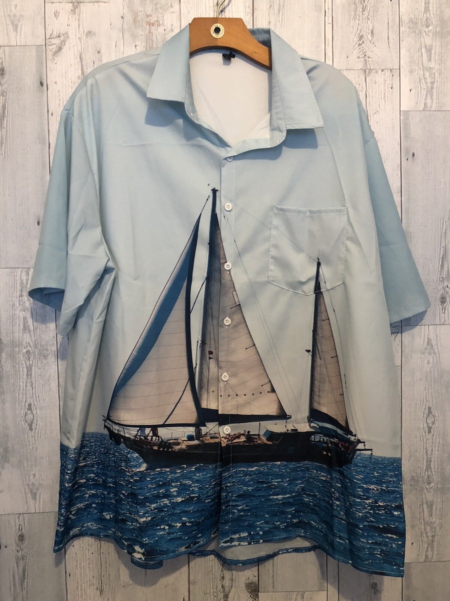 Mens Short Sleeve Button Down Shirt Nautical Ship Sailing