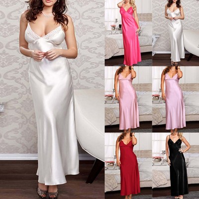 Damen Satin Nachthemd Nachtkleid Lang Spitze Negligee Babydoll Nachtwäsche