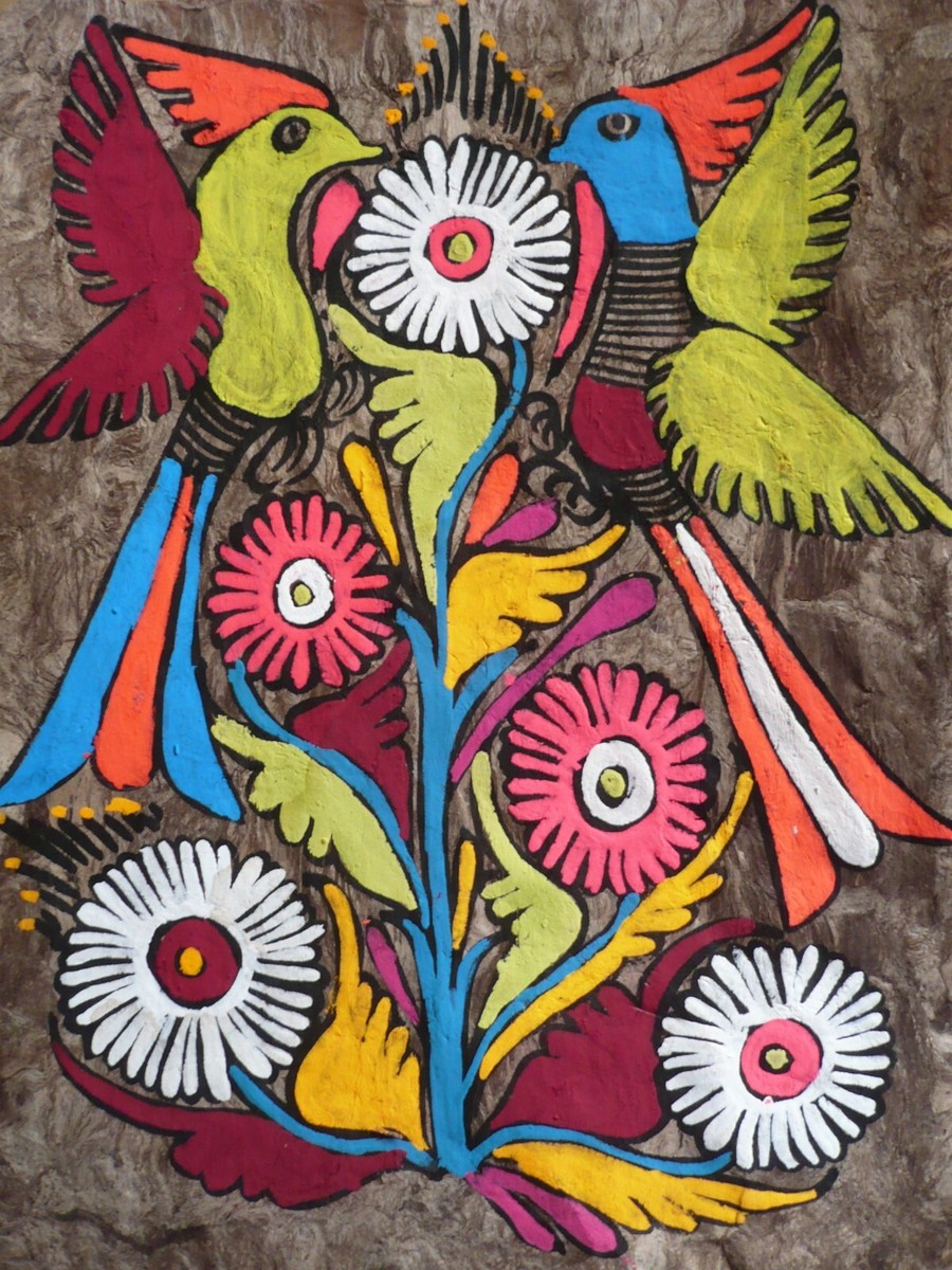 PAIR MEXICAN FOLK ART BARK PAPER, COLORFUL BIRDS MODERN SPANISH
