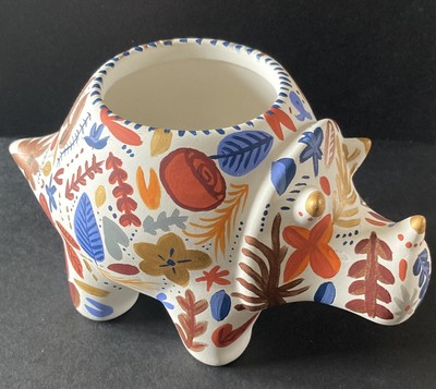 ~Ceramic Triceratops Planter~Hand Painted Leaves~Signed~Rare~Dinosaur Planter~
