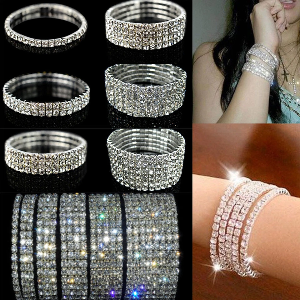 Damen Strassarmband Strass Armschmuck Armband Stretch Armreif Silber Modeschmuck - Bild 1 von 4