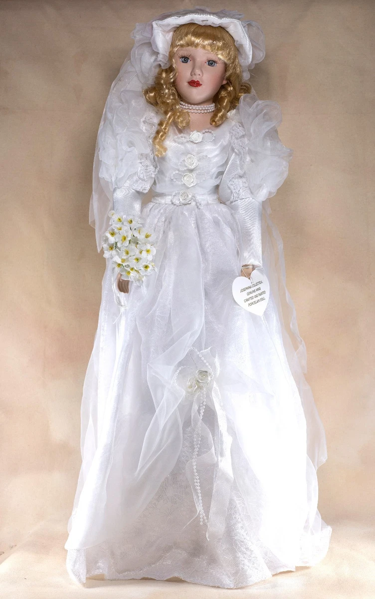 Josephina Collection Porcelain Bride Doll Blond Gray Eyes 25 + Box and  Stand