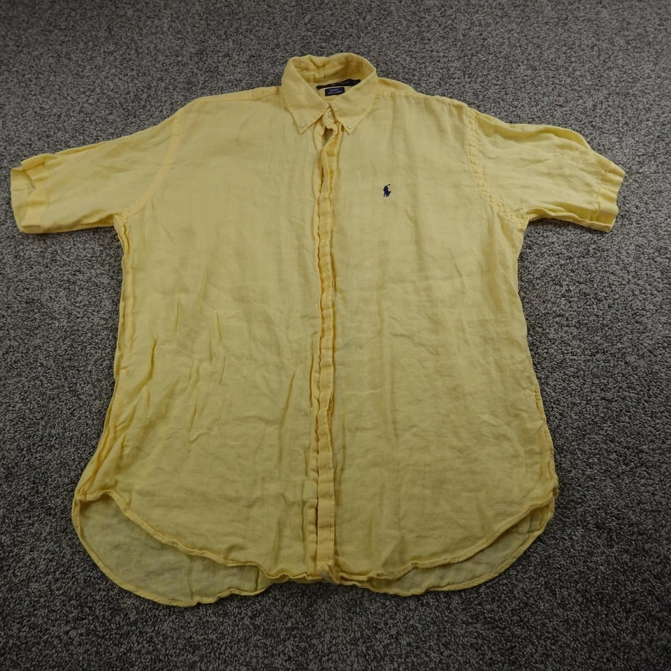 VTG Ralph Lauren Shirt Mens L Yellow Pony Blake Linen Short Sleeve Button Down - Image 2 of 4