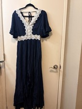 Navy Blue Maxi Dress with White Lace, V-Neck, Flutter Sleeves, Tie Back