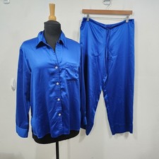 Natori Luxe Satin Essentials Embroidered Pajama Set Cobalt Blue Top Pant Size M