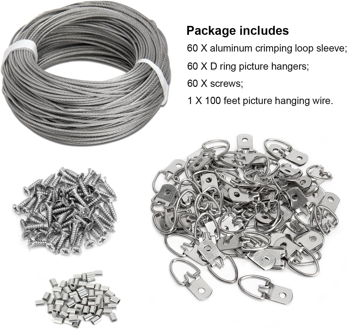Blisstime Picture Hanging Kit - 100 Feet Braided Wire, 60 Pcs Silver 