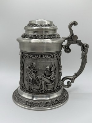 Vintage Pewter German Beer Lidded Stein Men s Sitting Drinking Scene Verse