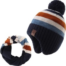 Boys Winter Hat Scarf Set Earflap Knitted Beanie for Kids Warm Fleece Lined T...