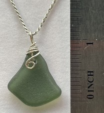 Authentic Sea Glass 925. Sterling Silver Wrapped Green Necklace Pendant Moon    