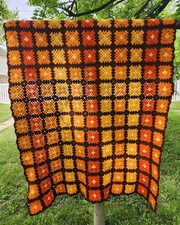 Vintage Granny Square Orange, Yellow, Red Brown Afghan Throw Blanket 40"x60"