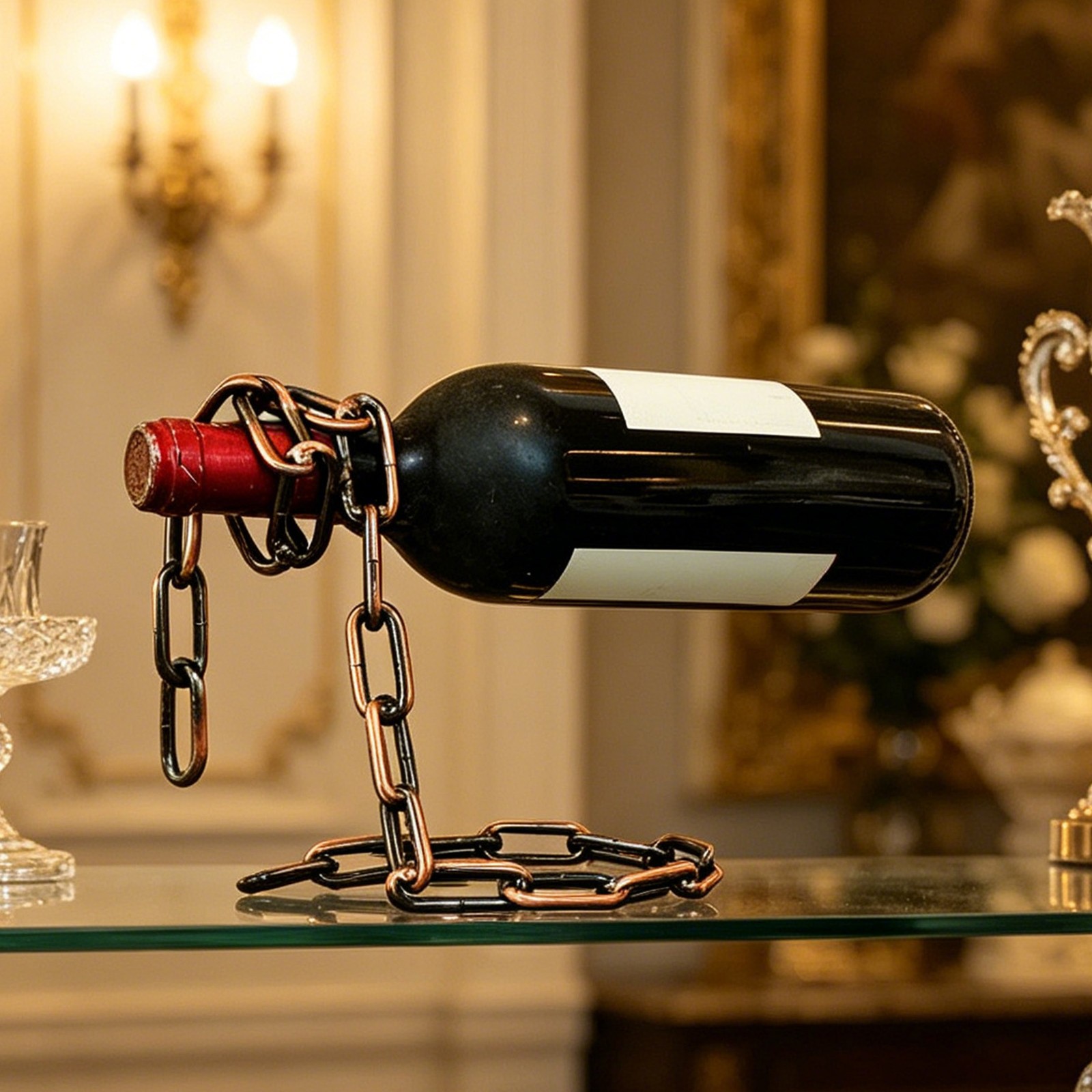 ↑Floating Wine Bottle Holder Creative Stable Strong Load Bearing Metal Chain