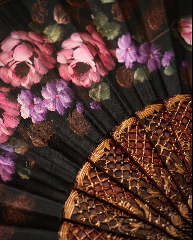 Éventail pliant noir ajouré motifs floraux rose violet doré pour costume - Photo 3/4