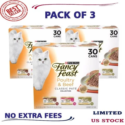 Purina Fancy Feast Classic Pate Wet Cat Food Poultry & Beef Variety 3 Oz 30 Pack