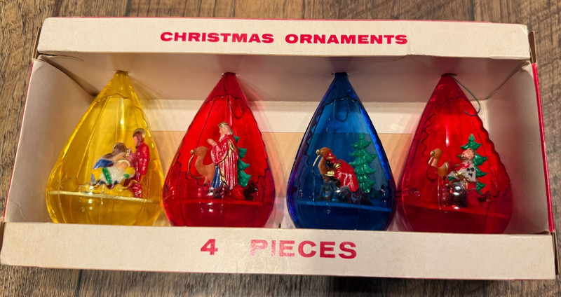 Vintage Jewelbrite Teardrop Diorama Nativity Ornaments Set of 4 in Box