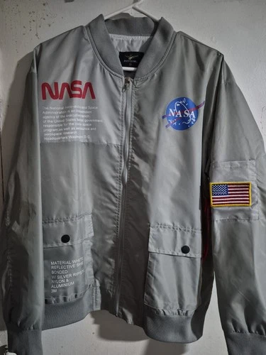 NASA Jacket Mens Large Silver Reflective Bomber American Flag Patch Space USA - product listing photo
