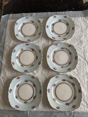 6 Colclough England Bone China Bread Plates 6544 Blue Pastel Gold Roses Flowers
