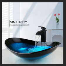 Tempered Glass Hand Painted Waterfall Faucet Basin Vessel Sink Pop-up Drain Set