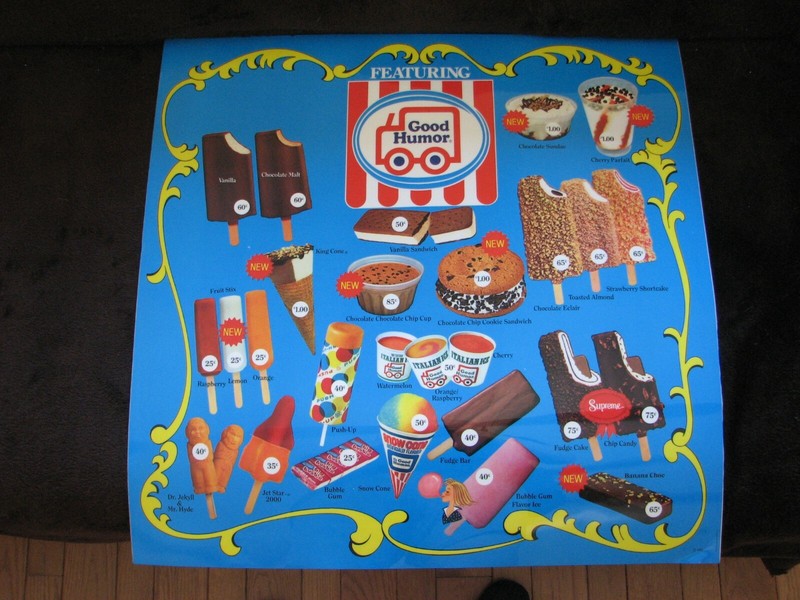 1980'S VINTAGE GOOD HUMOR MENU VERY GOOD/FINE CONDITION RARE.  APPROX. 23" X 23"