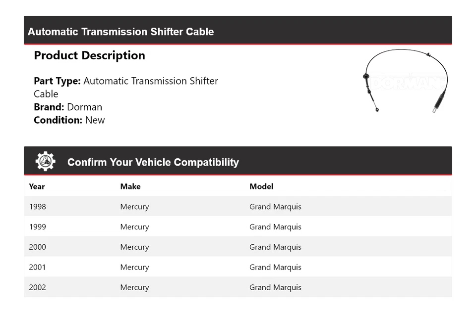 Cable de palanca de cambios de transmisión automática Mercury Grand Marquis Dorman 1998-2002 Foto 2 de 4
