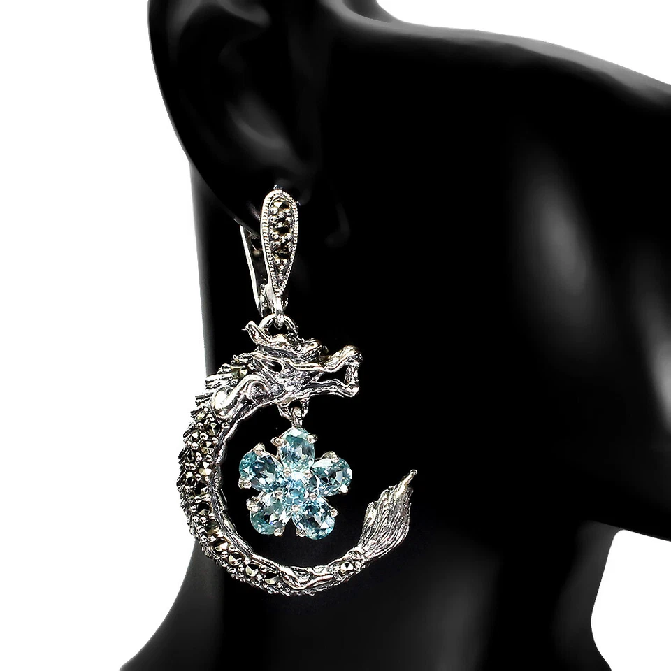925 Orecchini Argento Sterling Ovale Blu Zircone Marcasite Dragon Gemma Gioielli - Immagine 2 di 4