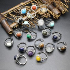 Natural Crystal Quartz Gemstone Micro Inlaid Ring Adjustable Women Jewelry Gift