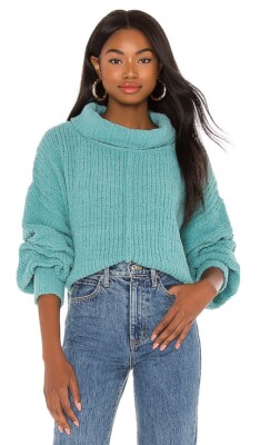 Free People Be Yours Cowl Neck Boxy Cropped Fit Knit Sweater Emerald Aura Sz Med