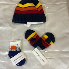 Janie And Jack Beanie Hat Socks Gloves Set Boys Size 0-6 Months Blue Striped