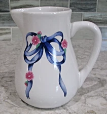 FTD Pitcher Vase, White w/Blue Ribbon Pink Flowers design, 6", Holds 2.5 cups