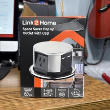 LINK2HOME EM-PU-100E Space Saver Pop Up 15A Outlets USB Fast Charge in Stainless