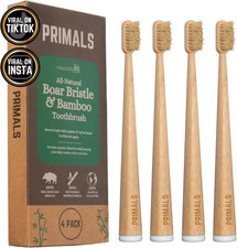 PRIMALS Boar Bristle Bamboo Toothbrush 4 Pack Biodegradable